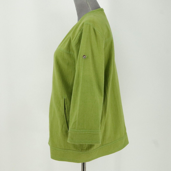 Chicos Jacket 1 Womens Medium 8 Green Full Zip Pockets Roll Tab Sleeve FLAW - Picture 16 of 16